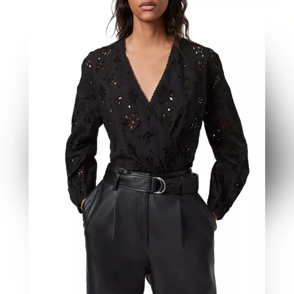 All Saints Black Amara Broderie Bodysuit, Eyelet Design, NWT, Size 6 - Picture 1 of 16
